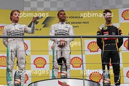 The podium (L to R): Nico Rosberg (GER) Mercedes AMG F1, second; Lewis Hamilton (GBR) Mercedes AMG F1, race winner; Romain Grosjean (FRA) Lotus F1 Team, third. 23.08.2015. Formula 1 World Championship, Rd 13, Belgian Grand Prix, Spa Francorchamps, Belgium, Race Day.