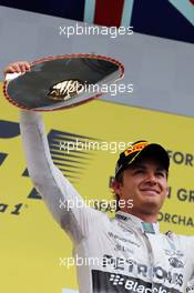 Nico Rosberg (GER) Mercedes AMG F1 celebrates his second position on the podium. 23.08.2015. Formula 1 World Championship, Rd 13, Belgian Grand Prix, Spa Francorchamps, Belgium, Race Day.