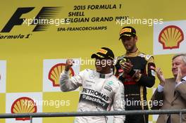 Race winner Lewis Hamilton (GBR) Mercedes AMG F1 celebrates on the podium. 23.08.2015. Formula 1 World Championship, Rd 13, Belgian Grand Prix, Spa Francorchamps, Belgium, Race Day.