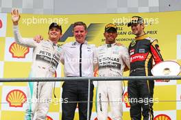 The podium (L to R): Nico Rosberg (GER) Mercedes AMG F1, second; Lewis Hamilton (GBR) Mercedes AMG F1, race winner; Romain Grosjean (FRA) Lotus F1 Team, third. 23.08.2015. Formula 1 World Championship, Rd 13, Belgian Grand Prix, Spa Francorchamps, Belgium, Race Day.