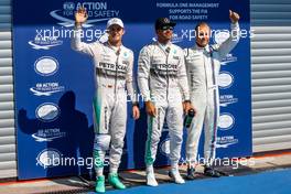 Qualifying top three in parc ferme (L to R): Nico Rosberg (GER) Mercedes AMG F1, second; Lewis Hamilton (GBR) Mercedes AMG F1, pole position; Valtteri Bottas (FIN) Williams, third. 22.08.2015. Formula 1 World Championship, Rd 11, Belgian Grand Prix, Spa Francorchamps, Belgium, Qualifying Day.