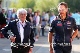 (L to R): Bernie Ecclestone (GBR) with Christian Horner (GBR) Red Bull Racing Team Principal. 22.08.2015. Formula 1 World Championship, Rd 11, Belgian Grand Prix, Spa Francorchamps, Belgium, Qualifying Day.