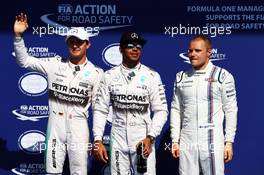 Qualifying top three in parc ferme (L to R): Nico Rosberg (GER) Mercedes AMG F1, second; Lewis Hamilton (GBR) Mercedes AMG F1, pole position; Valtteri Bottas (FIN) Williams, third. 22.08.2015. Formula 1 World Championship, Rd 11, Belgian Grand Prix, Spa Francorchamps, Belgium, Qualifying Day.