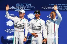 Qualifying top three in parc ferme (L to R): Nico Rosberg (GER) Mercedes AMG F1, second; Lewis Hamilton (GBR) Mercedes AMG F1, pole position; Valtteri Bottas (FIN) Williams, third. 22.08.2015. Formula 1 World Championship, Rd 11, Belgian Grand Prix, Spa Francorchamps, Belgium, Qualifying Day.