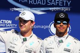 (L to R): second placed Nico Rosberg (GER) Mercedes AMG F1 with pole sitter Lewis Hamilton (GBR) Mercedes AMG F1 in parc ferme. 22.08.2015. Formula 1 World Championship, Rd 11, Belgian Grand Prix, Spa Francorchamps, Belgium, Qualifying Day.