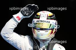 Lewis Hamilton (GBR) Mercedes AMG F1 celebrates his pole position in parc ferme. 22.08.2015. Formula 1 World Championship, Rd 11, Belgian Grand Prix, Spa Francorchamps, Belgium, Qualifying Day.