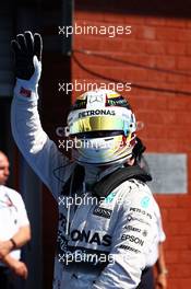 Lewis Hamilton (GBR) Mercedes AMG F1 celebrates his pole position in parc ferme. 22.08.2015. Formula 1 World Championship, Rd 11, Belgian Grand Prix, Spa Francorchamps, Belgium, Qualifying Day.