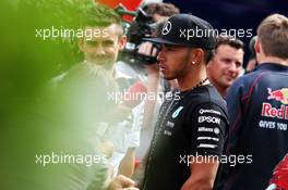 Lewis Hamilton (GBR) Mercedes AMG F1 with the media. 20.08.2015. Formula 1 World Championship, Rd 11, Belgian Grand Prix, Spa Francorchamps, Belgium, Preparation Day.