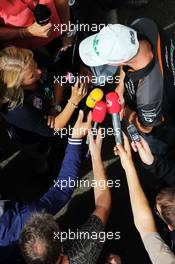 Nico Hulkenberg (GER) Sahara Force India F1 with the media. 20.08.2015. Formula 1 World Championship, Rd 11, Belgian Grand Prix, Spa Francorchamps, Belgium, Preparation Day.