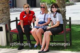 (L to R): Tracy Novak (GBR) Marussia F1 Team PR & Communications Director with Sophie Eden (GBR) Williams Press Officer and Joanne Revill (GBR) F1 Communications. 17.04.2015. Formula 1 World Championship, Rd 4, Bahrain Grand Prix, Sakhir, Bahrain, Practice Day