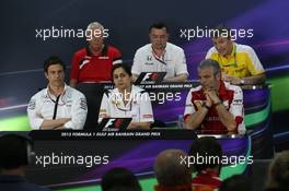 The FIA Press Conference (From back row (L to R)): John Booth (GBR) Manor Marussia F1 Team Team Principal; Eric Boullier (FRA) McLaren Racing Director; Rob White (GBR) Renault Sport Deputy Managing Director (Technical); Toto Wolff (GER) Mercedes AMG F1 Shareholder and Executive Director; Monisha Kaltenborn (AUT) Sauber Team Principal; Maurizio Arrivabene (ITA) Ferrari Team Principal.  17.04.2015. Formula 1 World Championship, Rd 4, Bahrain Grand Prix, Sakhir, Bahrain, Practice Day