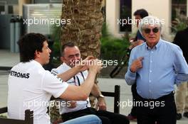 (L to R): Toto Wolff (GER) Mercedes AMG F1 Shareholder and Executive Director with Paddy Lowe (GBR) Mercedes AMG F1 Executive Director (Technical) and Bernie Ecclestone (GBR). 16.04.2015. Formula 1 World Championship, Rd 4, Bahrain Grand Prix, Sakhir, Bahrain, Preparation Day.