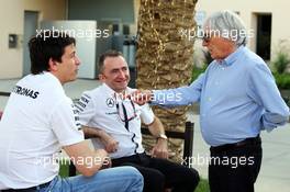 (L to R): Toto Wolff (GER) Mercedes AMG F1 Shareholder and Executive Director with Paddy Lowe (GBR) Mercedes AMG F1 Executive Director (Technical) and Bernie Ecclestone (GBR). 16.04.2015. Formula 1 World Championship, Rd 4, Bahrain Grand Prix, Sakhir, Bahrain, Preparation Day.