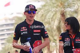 Max Verstappen (NLD) Scuderia Toro Rosso with Fabiana Valenti (ITA) Scuderia Toro Rosso Press Officer. 16.04.2015. Formula 1 World Championship, Rd 4, Bahrain Grand Prix, Sakhir, Bahrain, Preparation Day.
