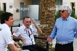 (L to R): Toto Wolff (GER) Mercedes AMG F1 Shareholder and Executive Director with Paddy Lowe (GBR) Mercedes AMG F1 Executive Director (Technical) and Bernie Ecclestone (GBR). 16.04.2015. Formula 1 World Championship, Rd 4, Bahrain Grand Prix, Sakhir, Bahrain, Preparation Day.