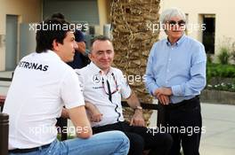 (L to R): Toto Wolff (GER) Mercedes AMG F1 Shareholder and Executive Director with Paddy Lowe (GBR) Mercedes AMG F1 Executive Director (Technical) and Bernie Ecclestone (GBR). 16.04.2015. Formula 1 World Championship, Rd 4, Bahrain Grand Prix, Sakhir, Bahrain, Preparation Day.