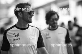 Jenson Button (GBR) McLaren with team mate Fernando Alonso (ESP) McLaren. 13.11.2015. Formula 1 World Championship, Rd 18, Brazilian Grand Prix, Sao Paulo, Brazil, Practice Day.
