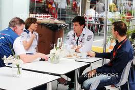 (L to R): Mike O'Driscoll (GBR) Williams Group CEO with Claire Williams (GBR) Williams Deputy Team Principal, Toto Wolff (GER) Mercedes AMG F1 Shareholder and Executive Director, and Alex Wurz (AUT) Williams Driver Mentor / GPDA Chairman. 13.11.2015. Formula 1 World Championship, Rd 18, Brazilian Grand Prix, Sao Paulo, Brazil, Practice Day.
