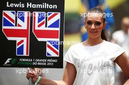 Grid girl for Lewis Hamilton (GBR) Mercedes AMG F1. 15.11.2015. Formula 1 World Championship, Rd 18, Brazilian Grand Prix, Sao Paulo, Brazil, Race Day.