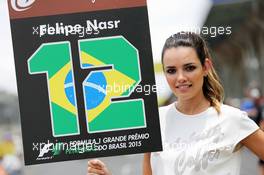 Grid girl for Felipe Nasr (BRA) Sauber F1 Team. 15.11.2015. Formula 1 World Championship, Rd 18, Brazilian Grand Prix, Sao Paulo, Brazil, Race Day.