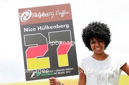 Grid girl for Nico Hulkenberg (GER) Sahara Force India F1. 15.11.2015. Formula 1 World Championship, Rd 18, Brazilian Grand Prix, Sao Paulo, Brazil, Race Day.