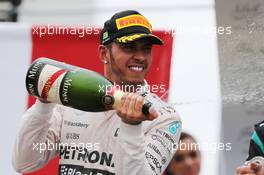 Lewis Hamilton (GBR) Mercedes AMG F1 celebrates his second position on the podium. 15.11.2015. Formula 1 World Championship, Rd 18, Brazilian Grand Prix, Sao Paulo, Brazil, Race Day.