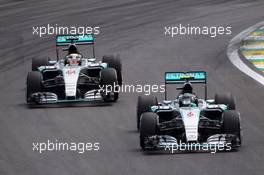 Nico Rosberg (GER) Mercedes AMG F1 W06 leads team mate Lewis Hamilton (GBR) Mercedes AMG F1 W06. 15.11.2015. Formula 1 World Championship, Rd 18, Brazilian Grand Prix, Sao Paulo, Brazil, Race Day.