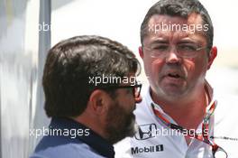 (L to R): Luis Garcia Abad (ESP) Driver Manager with Eric Boullier (FRA) McLaren Racing Director. 12.11.2015. Formula 1 World Championship, Rd 18, Brazilian Grand Prix, Sao Paulo, Brazil, Preparation Day.