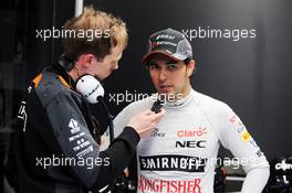 Sergio Perez (MEX) Sahara Force India F1 with Tim Wright (GBR) Sahara Force India F1 Team Race Engineer. 05.06.2015. Formula 1 World Championship, Rd 7, Canadian Grand Prix, Montreal, Canada, Practice Day.