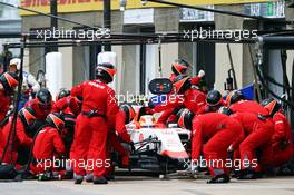 Roberto Merhi (ESP) Manor Marussia F1 Team makes a pit stop. 07.06.2015. Formula 1 World Championship, Rd 7, Canadian Grand Prix, Montreal, Canada, Race Day.