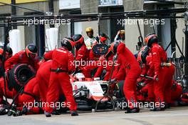 Will Stevens (GBR) Manor Marussia F1 Team makes a pit stop. 07.06.2015. Formula 1 World Championship, Rd 7, Canadian Grand Prix, Montreal, Canada, Race Day.