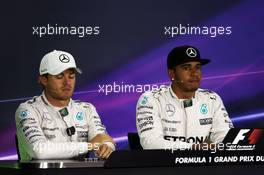 (L to R): Nico Rosberg (GER) Mercedes AMG F1 and team mate Lewis Hamilton (GBR) Mercedes AMG F1 in the FIA Press Conference. 06.06.2015. Formula 1 World Championship, Rd 7, Canadian Grand Prix, Montreal, Canada, Qualifying Day.
