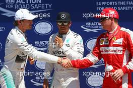 Qualifying top three in parc ferme (L to R): Nico Rosberg (GER) Mercedes AMG F1, second; Lewis Hamilton (GBR) Mercedes AMG F1, pole position; Kimi Raikkonen (FIN) Ferrari, third. 06.06.2015. Formula 1 World Championship, Rd 7, Canadian Grand Prix, Montreal, Canada, Qualifying Day.