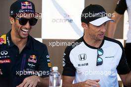 (L to R): Daniel Ricciardo (AUS) Red Bull Racing and Jenson Button (GBR) McLaren. 04.06.2015. Formula 1 World Championship, Rd 7, Canadian Grand Prix, Montreal, Canada, Preparation Day.