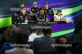 The FIA Press Conference (From back row (L to R)): Sergio Perez (MEX) Sahara Force India F1; Pastor Maldonado (VEN) Lotus F1 Team; Daniil Kvyat (RUS) Red Bull Racing; Max Verstappen (NLD) Scuderia Toro Rosso; Lewis Hamilton (GBR) Mercedes AMG F1; Felipe Massa (BRA) Williams.  04.06.2015. Formula 1 World Championship, Rd 7, Canadian Grand Prix, Montreal, Canada, Preparation Day.