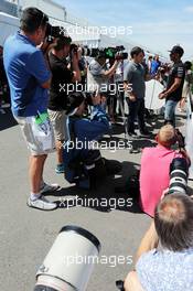 Lewis Hamilton (GBR) Mercedes AMG F1 with the media. 04.06.2015. Formula 1 World Championship, Rd 7, Canadian Grand Prix, Montreal, Canada, Preparation Day.