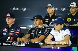 (L to R): Max Verstappen (NLD) Scuderia Toro Rosso; Lewis Hamilton (GBR) Mercedes AMG F1; and Felipe Massa (BRA) Williams in the FIA Press Conference. 04.06.2015. Formula 1 World Championship, Rd 7, Canadian Grand Prix, Montreal, Canada, Preparation Day.