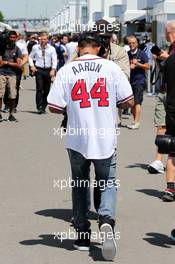 Lewis Hamilton (GBR) Mercedes AMG F1 wears a Boston Braves Hank Aaron baseball jersey. 04.06.2015. Formula 1 World Championship, Rd 7, Canadian Grand Prix, Montreal, Canada, Preparation Day.