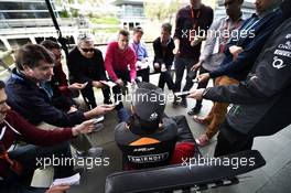 Sergio Perez (MEX) Sahara Force India F1 with the media. 09.04.2015. Formula 1 World Championship, Rd 3, Chinese Grand Prix, Shanghai, China, Preparation Day.