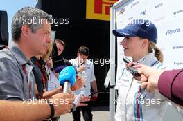 Susie Wolff (GBR) Williams Development Driver with the media. 08.05.2015. Formula 1 World Championship, Rd 5, Spanish Grand Prix, Barcelona, Spain, Practice Day.