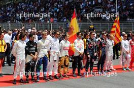 The drivers on the grid observe the national anthem. 10.05.2015. Formula 1 World Championship, Rd 5, Spanish Grand Prix, Barcelona, Spain, Race Day.