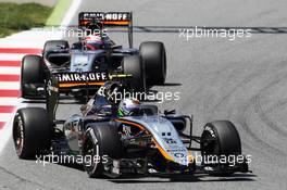 Sergio Perez (MEX) Sahara Force India F1 VJM08 leads team mate Nico Hulkenberg (GER) Sahara Force India F1 VJM08. 10.05.2015. Formula 1 World Championship, Rd 5, Spanish Grand Prix, Barcelona, Spain, Race Day.