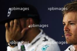 Nico Rosberg (GER) Mercedes AMG F1 and team mate Lewis Hamilton (GBR) Mercedes AMG F1 in the FIA Press Conference. 09.05.2015. Formula 1 World Championship, Rd 5, Spanish Grand Prix, Barcelona, Spain, Qualifying Day.