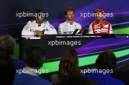 The post race FIA Press Conference (L to R): Lewis Hamilton (GBR) Mercedes AMG F1, second; Nico Rosberg (GER) Mercedes AMG F1, pole position; Sebastian Vettel (GER) Ferrari, third. 09.05.2015. Formula 1 World Championship, Rd 5, Spanish Grand Prix, Barcelona, Spain, Qualifying Day.