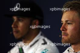 Nico Rosberg (GER) Mercedes AMG F1 and team mate Lewis Hamilton (GBR) Mercedes AMG F1 in the FIA Press Conference. 09.05.2015. Formula 1 World Championship, Rd 5, Spanish Grand Prix, Barcelona, Spain, Qualifying Day.