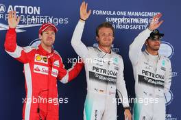 Qualifying top three in parc ferme (L to R): Sebastian Vettel (GER) Ferrari, third; Nico Rosberg (GER) Mercedes AMG F1, pole position; Lewis Hamilton (GBR) Mercedes AMG F1, second. 09.05.2015. Formula 1 World Championship, Rd 5, Spanish Grand Prix, Barcelona, Spain, Qualifying Day.