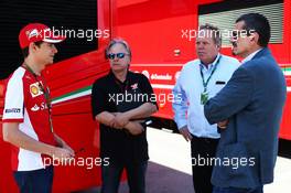 (L to R): Esteban Gutierrez (MEX) Ferrari Test and Reserve Driver with Gene Haas (USA) Haas Automotion President; Joe Custer (USA) Stewart Haas Racing Vice President; and Guenther Steiner (ITA) Haas F1 Team Prinicipal. 09.05.2015. Formula 1 World Championship, Rd 5, Spanish Grand Prix, Barcelona, Spain, Qualifying Day.