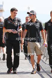 Sergio Perez (MEX) Sahara Force India F1 walks the circuit with Tim Wright (GBR) Sahara Force India F1 Team Race Engineer. 07.05.2015. Formula 1 World Championship, Rd 5, Spanish Grand Prix, Barcelona, Spain, Preparation Day.