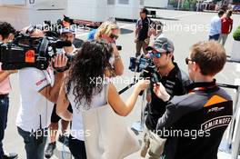 Sergio Perez (MEX) Sahara Force India F1 with the media. 07.05.2015. Formula 1 World Championship, Rd 5, Spanish Grand Prix, Barcelona, Spain, Preparation Day.