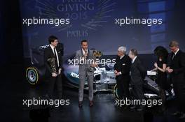 Lewis Hamilton and Toto Wolff with FIA president Jean Todt and Bernie Ecclestone 04.12.2015. FIA Prize Giving, Paris, France.